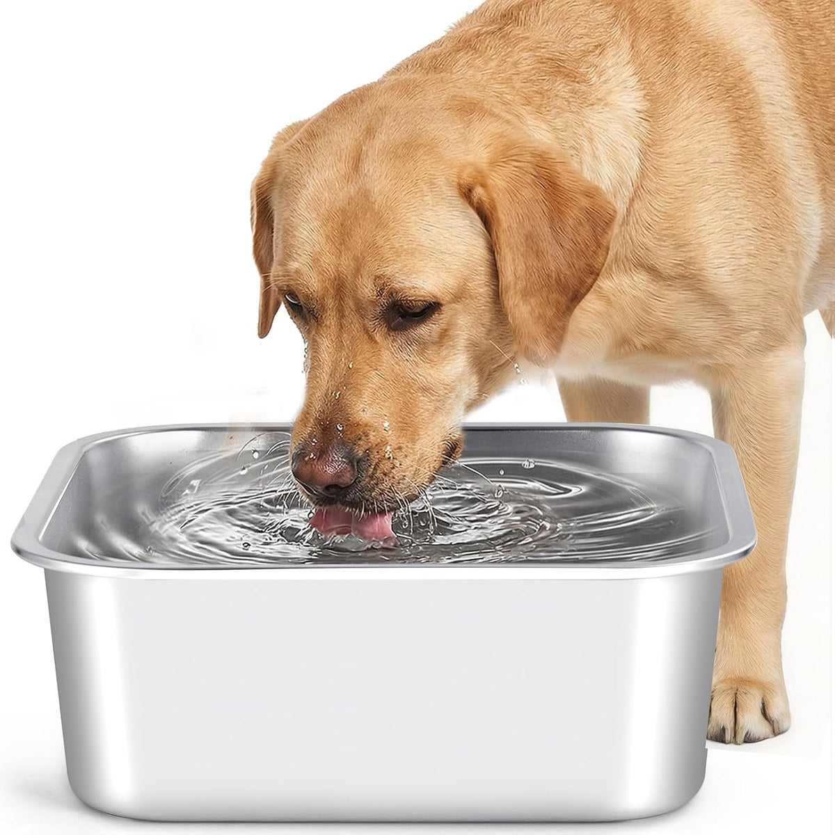 ZPUFAW Stainless Steel Large Dog Water Bowl front view showcasing the wide rectangular durable design.