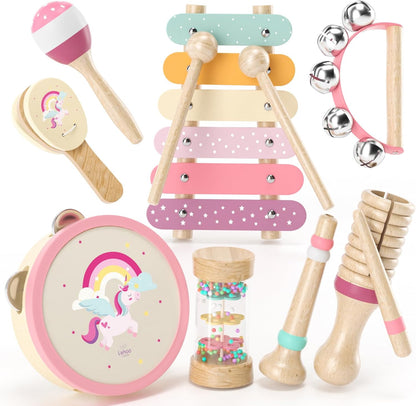 Lehoo Castle baby musical instruments front view of the complete pink unicorn percussion set.