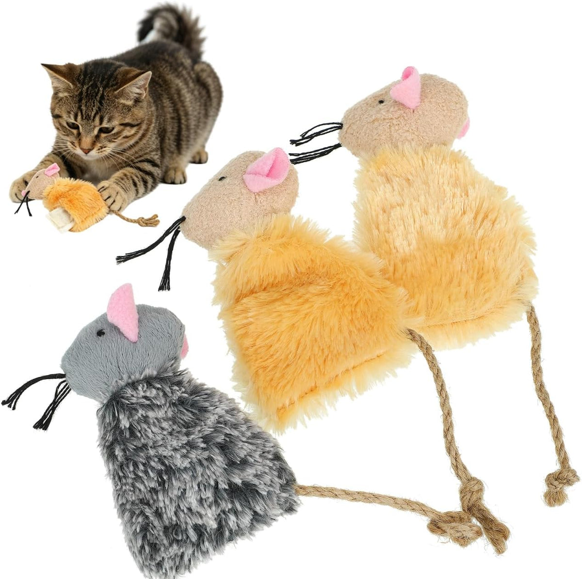 Hemoton Interactive Catnip Cat Toys front view of the three pieces plush set for indoor kitten exercise.