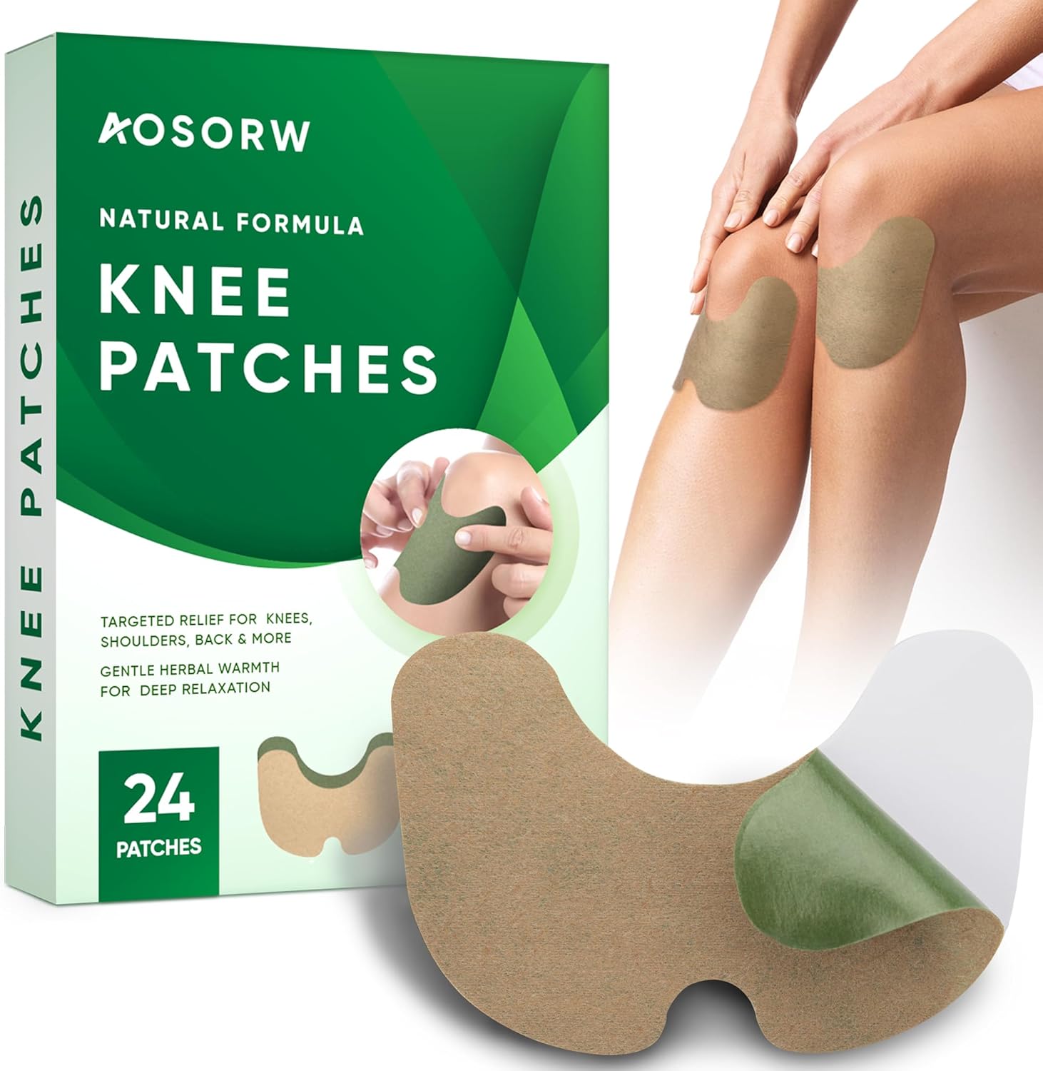 AOSORW knee relief heat patches front view showing the 24 count product packaging.