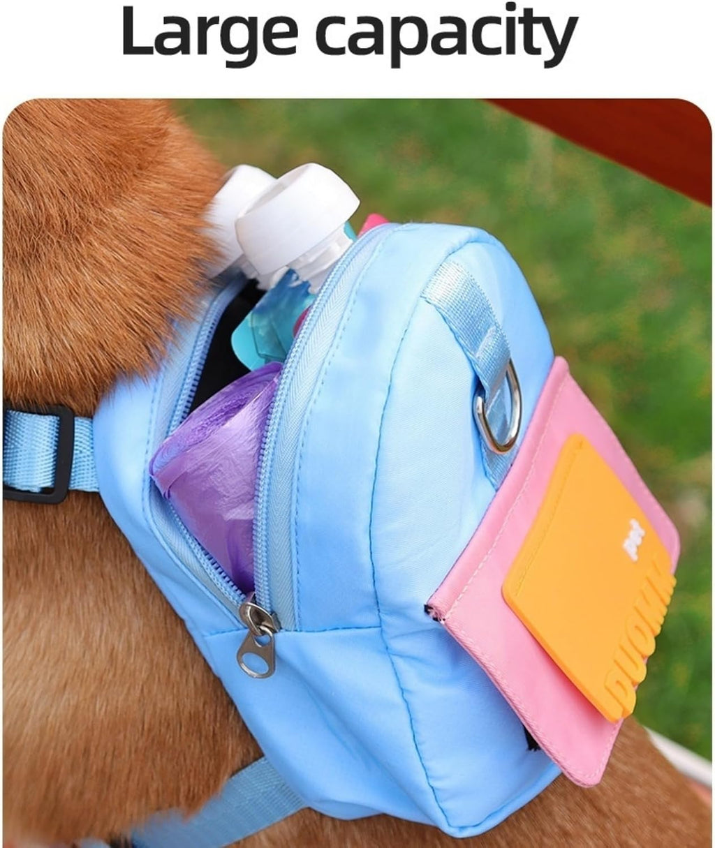Smileshiney pet harness backpack with matching walking leash detached on a plain background.