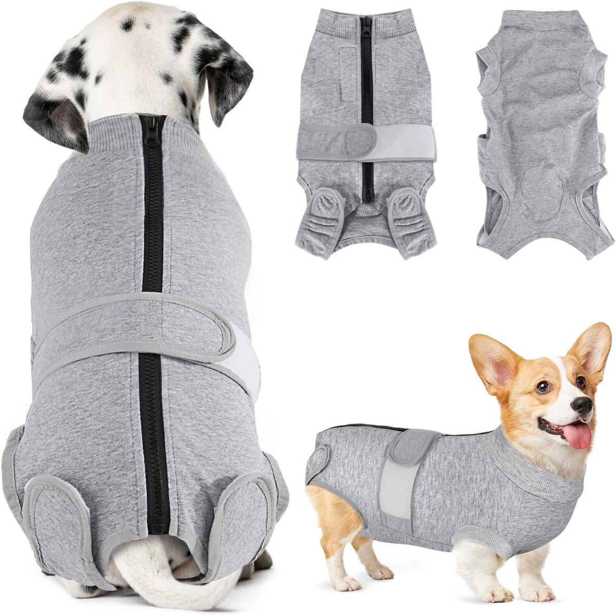 SlowTon dog surgery recovery suit grey small front view comfortable pet onesie