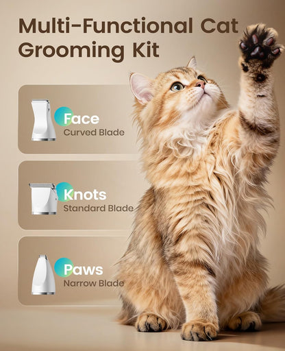 Oneisall 3 in 1 cat grooming kit interchangeable heads arranged neatly beside the main trimmer handle.