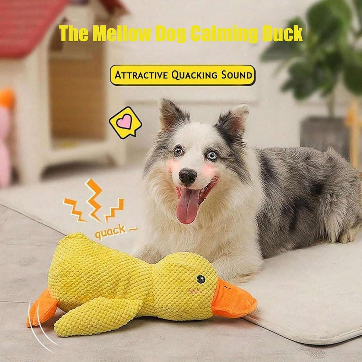 Soft plush duck toy used as a dog pillow