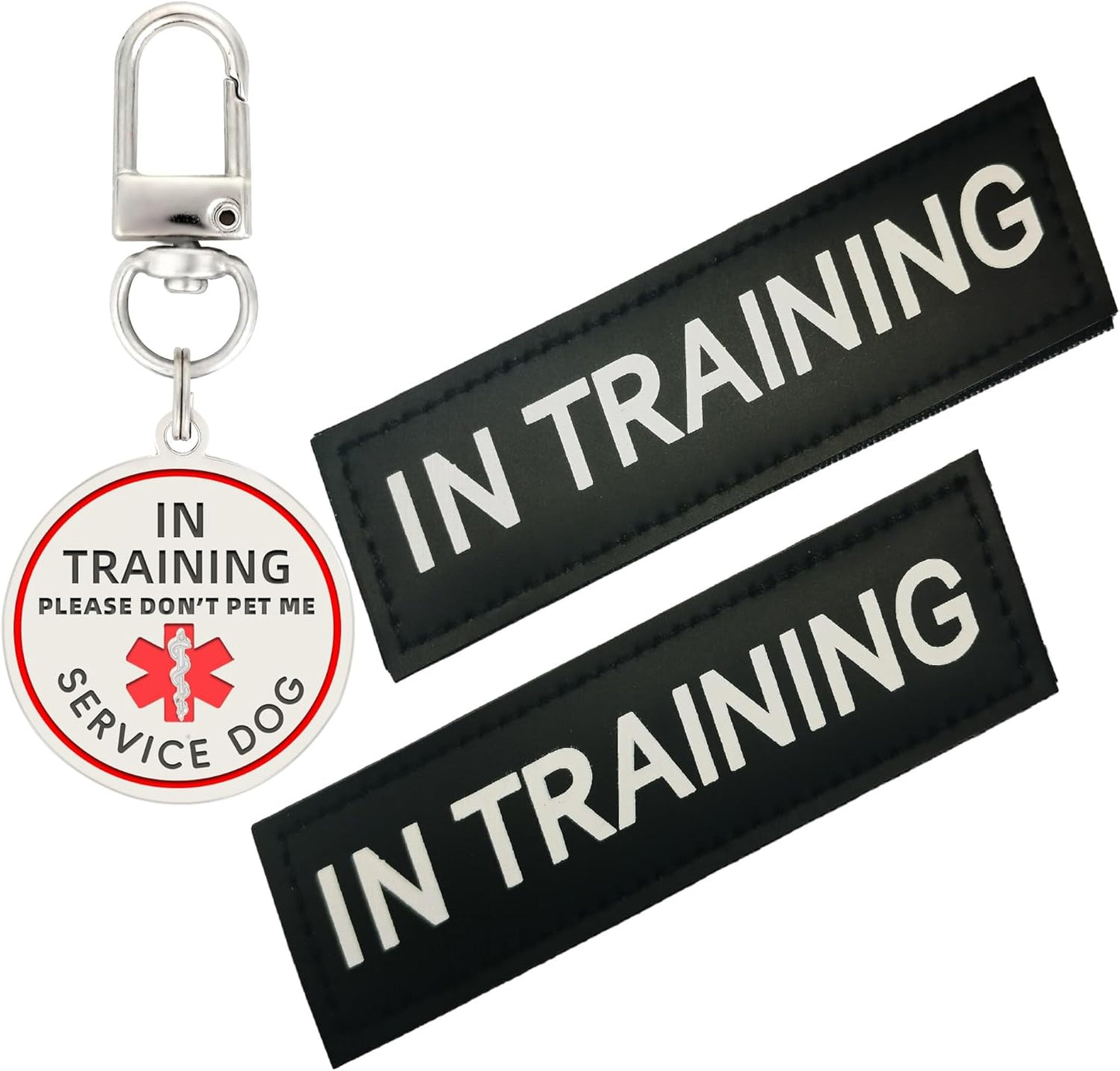 Removable hook and loop service dog labeling kit showing two medium identification pieces.
