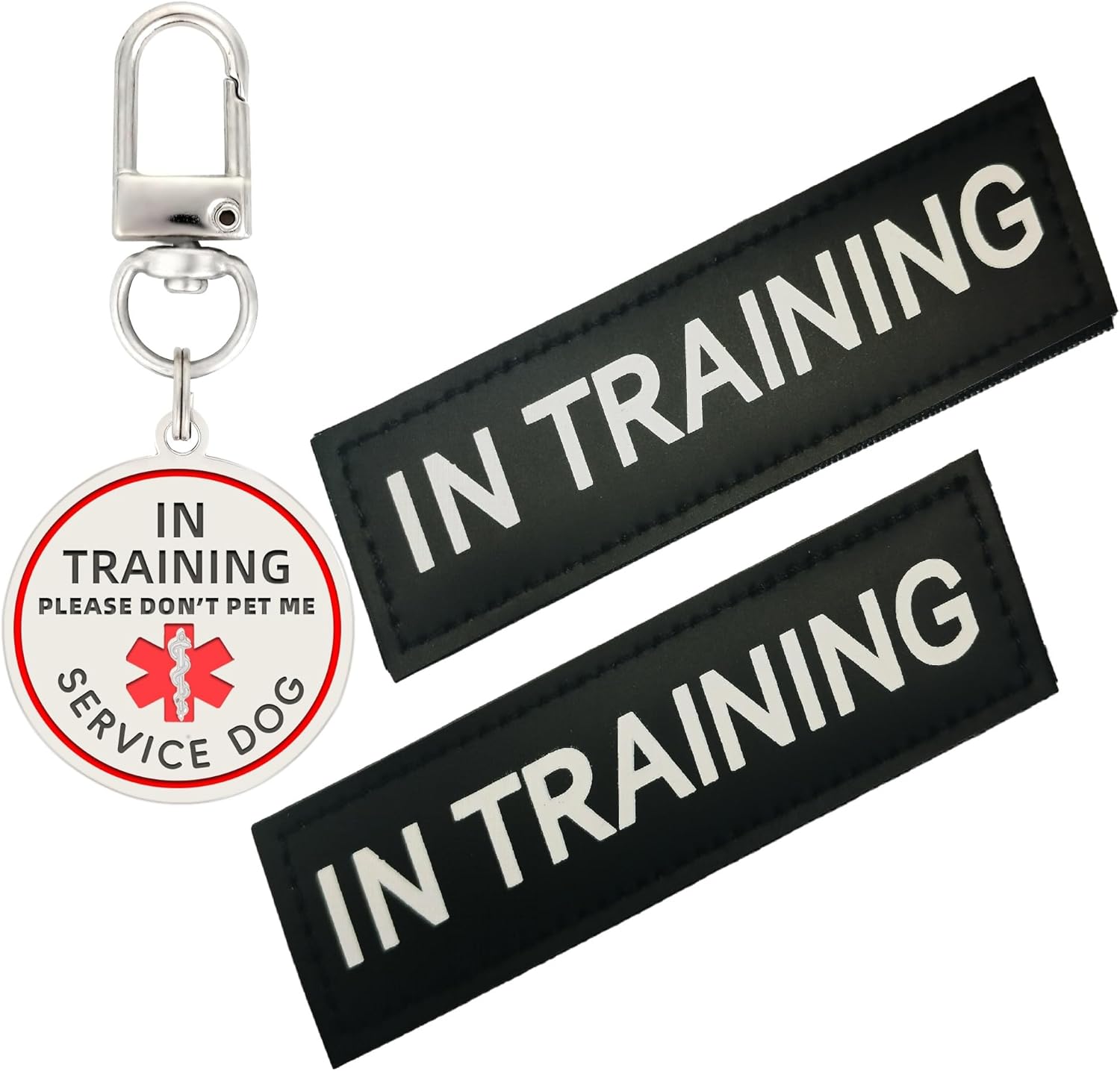 Removable hook and loop service dog labeling kit showing two medium identification pieces.