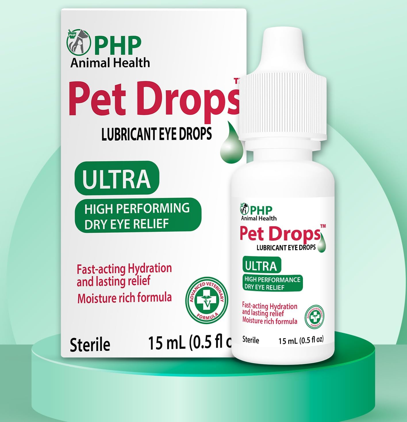 Pet Health Pharma Ultra Lubricant Pet Drops front packaging showing 15 milliliters bottle for pet dry eye relief