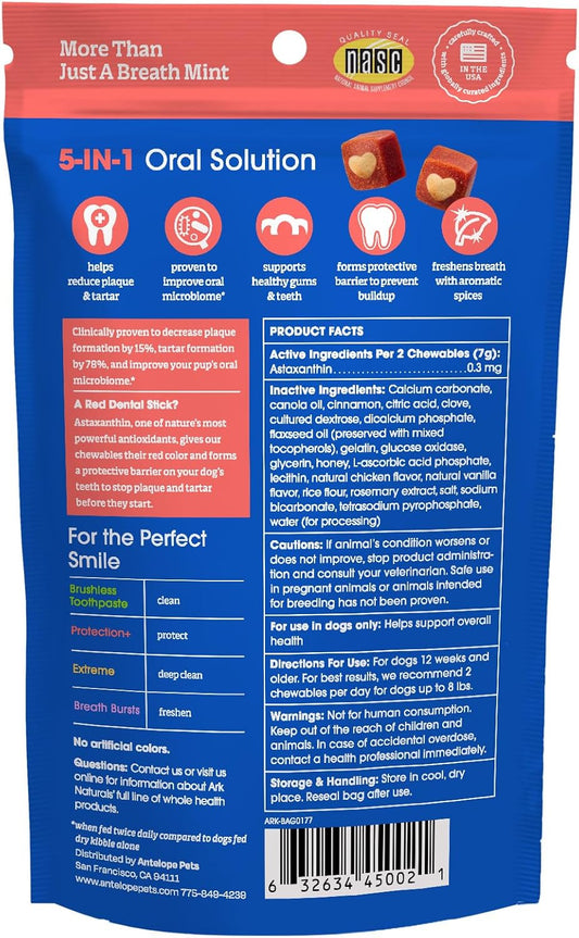 Ark Naturals 5-in-1 dog dental chew showing toothpaste center detail.
