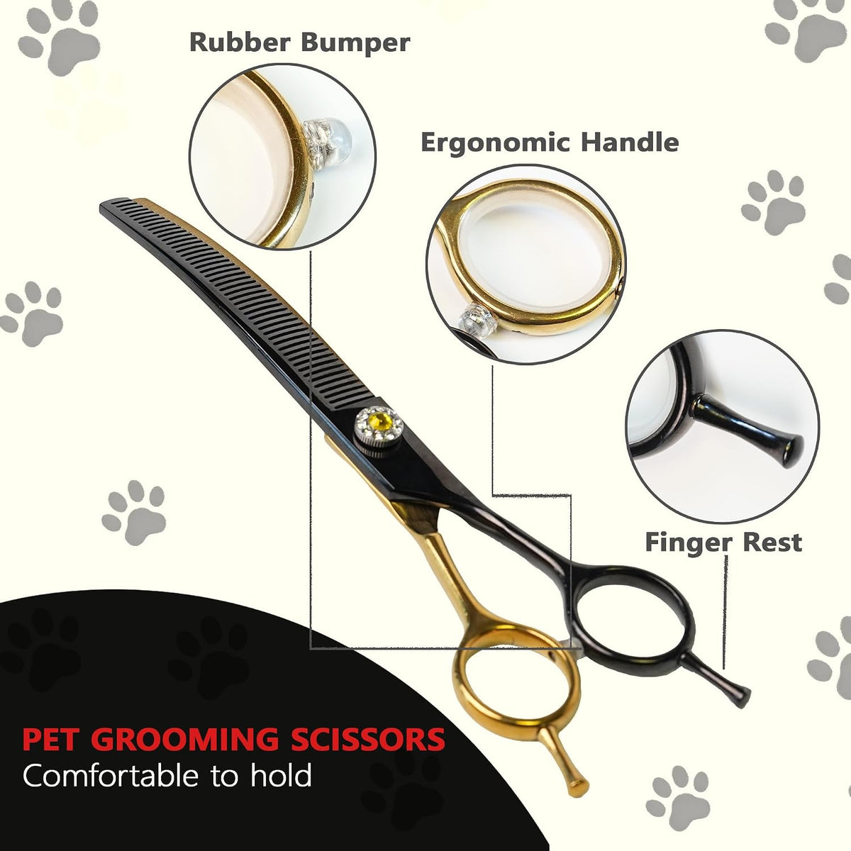 MedToolLLC ergonomic offset handle design on the professional dog thinning shear