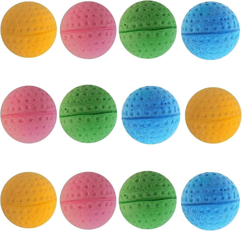 A set of twelve lightweight and non-toxic GINFH soft bouncy balls for pets.