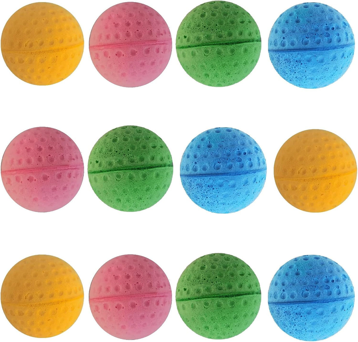 A set of twelve lightweight and non-toxic GINFH soft bouncy balls for pets.