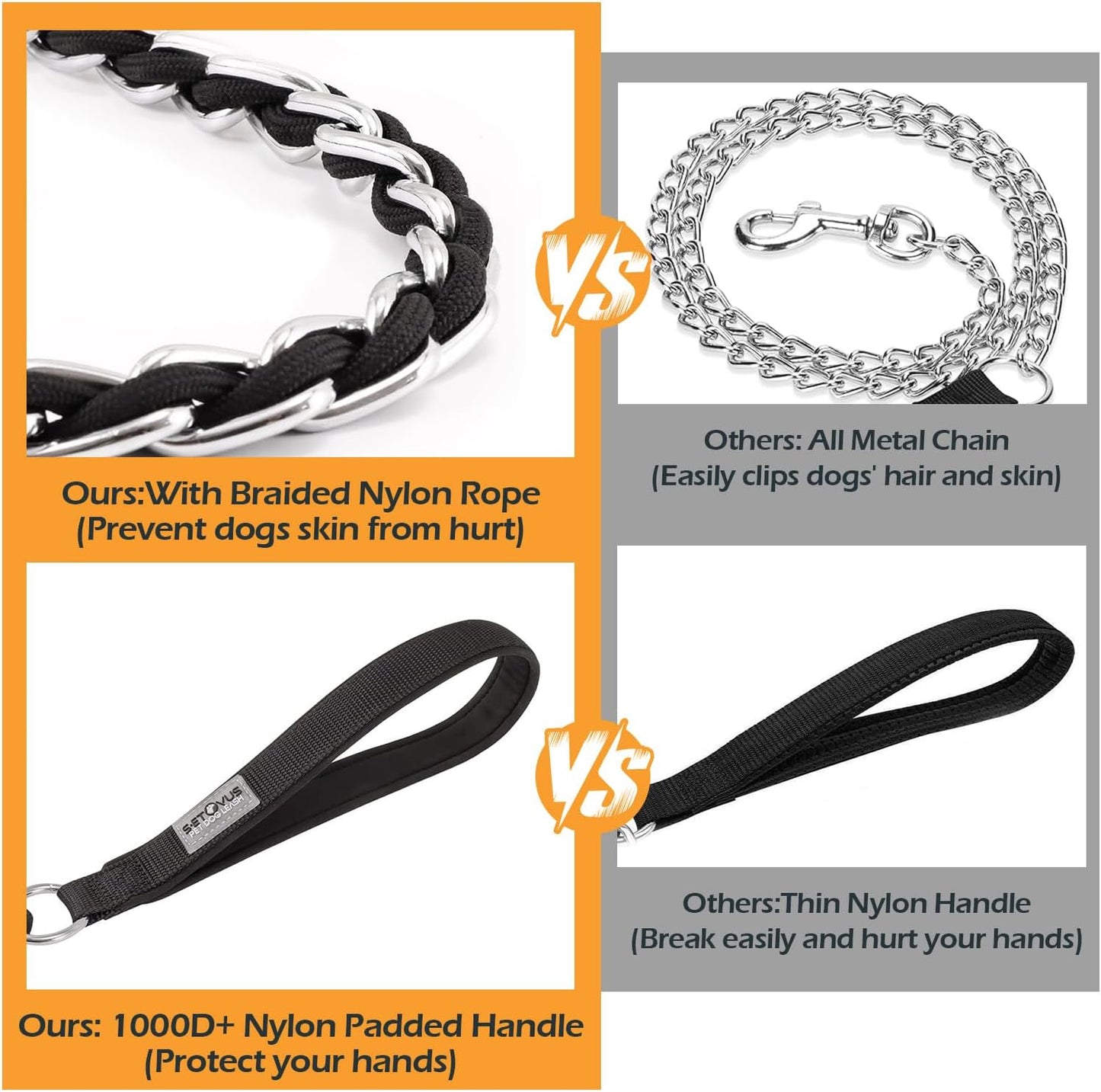Black nylon padded comfortable handle on S-ETOVUS durable iron link pet training leash