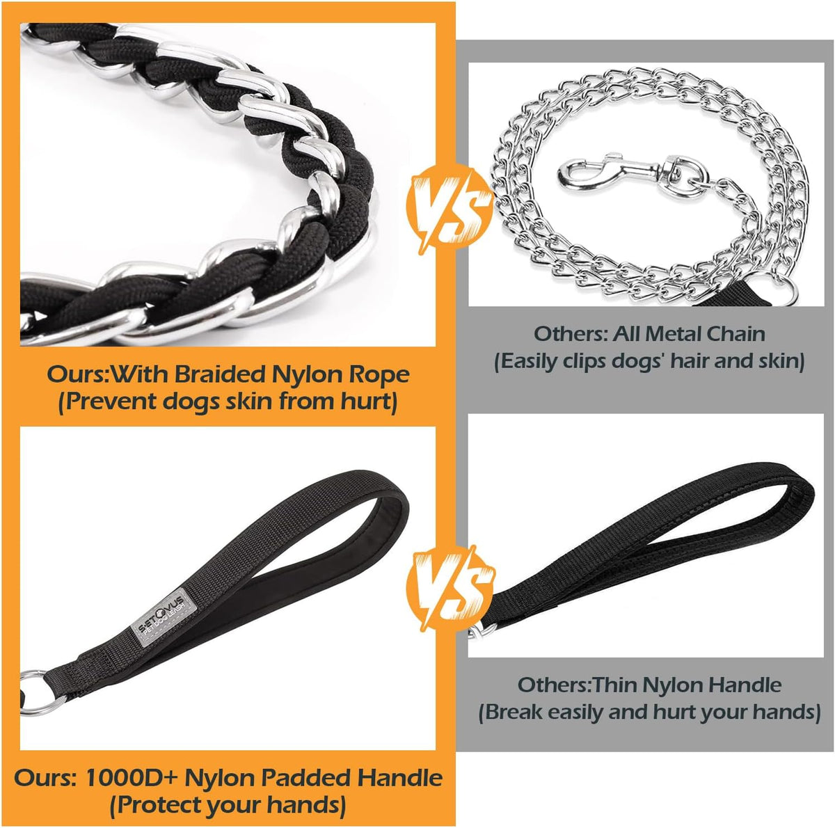 Black nylon padded comfortable handle on S-ETOVUS durable iron link pet training leash
