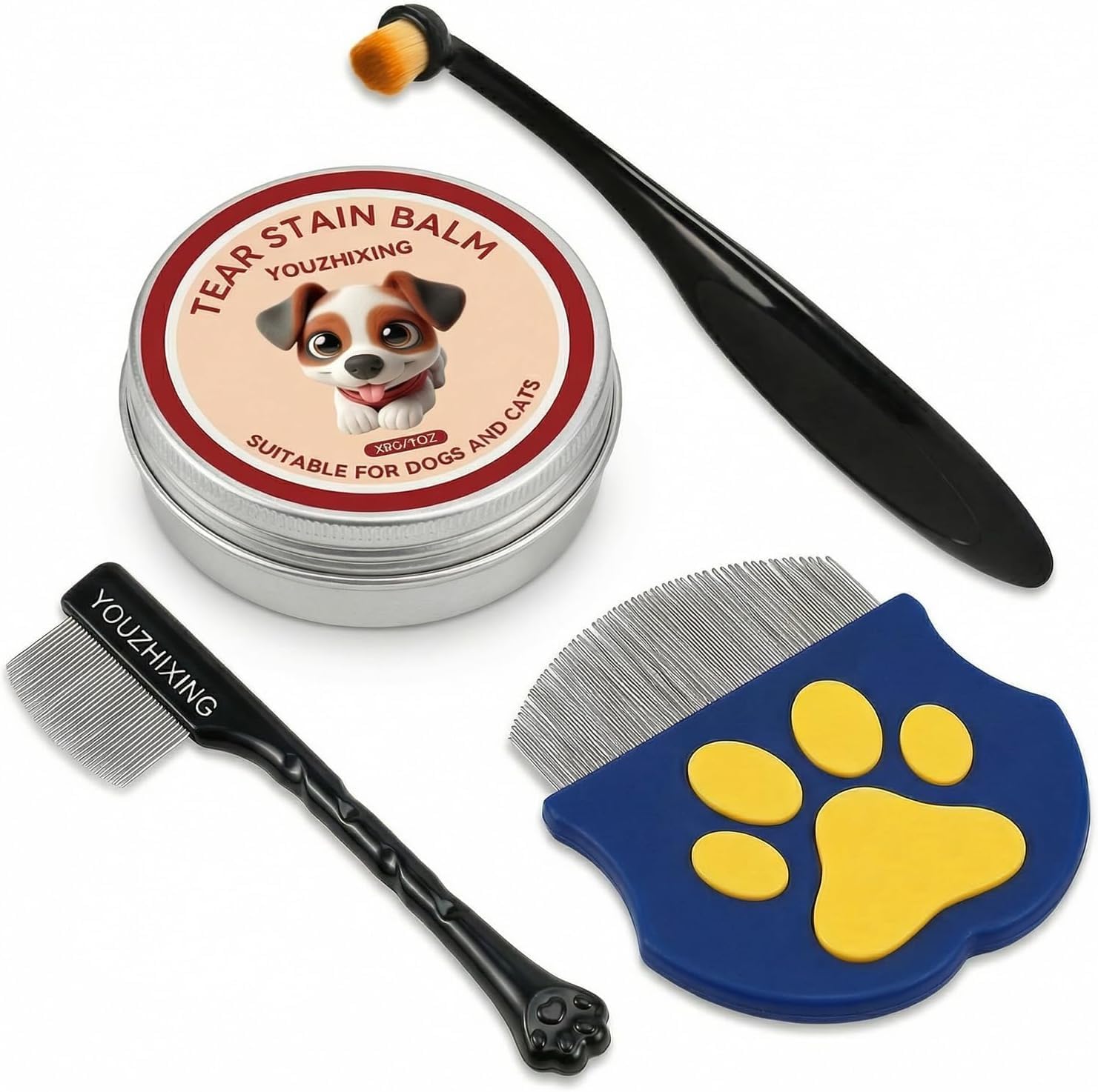 Youzhixing dog tear stain remover kit front view showcasing the natural eye balm tin and applicator brushes