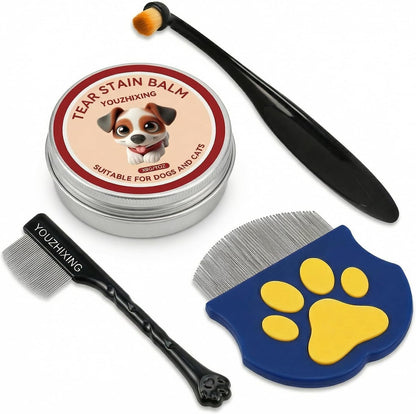 Youzhixing dog tear stain remover kit front view showcasing the natural eye balm tin and applicator brushes
