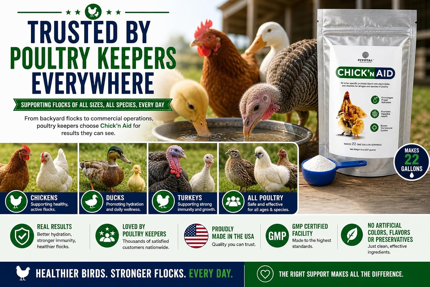 Pivotal Feeds avian immune and gut health support supplement package dimensions display