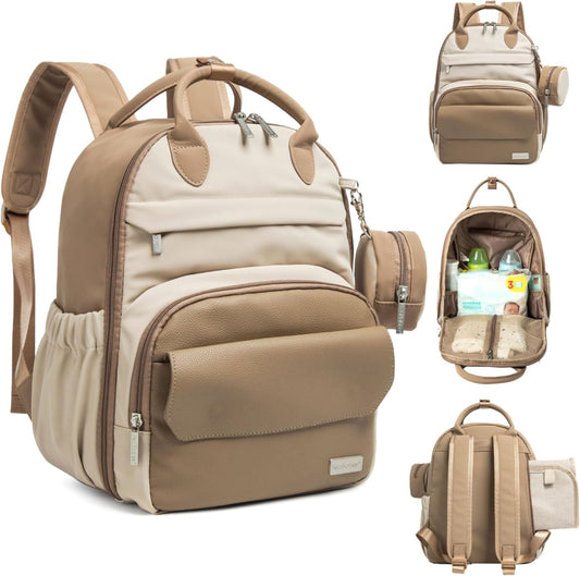 KeaBabies PLAY diaper bag backpack in latte small front view showing premium polyurethane leather texture