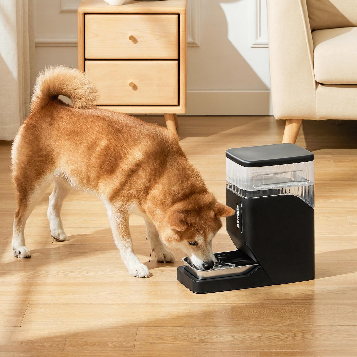 ZOMISIA gravity pet waterer premium dual material assembly view showing BPA free plastic and metal bowl
