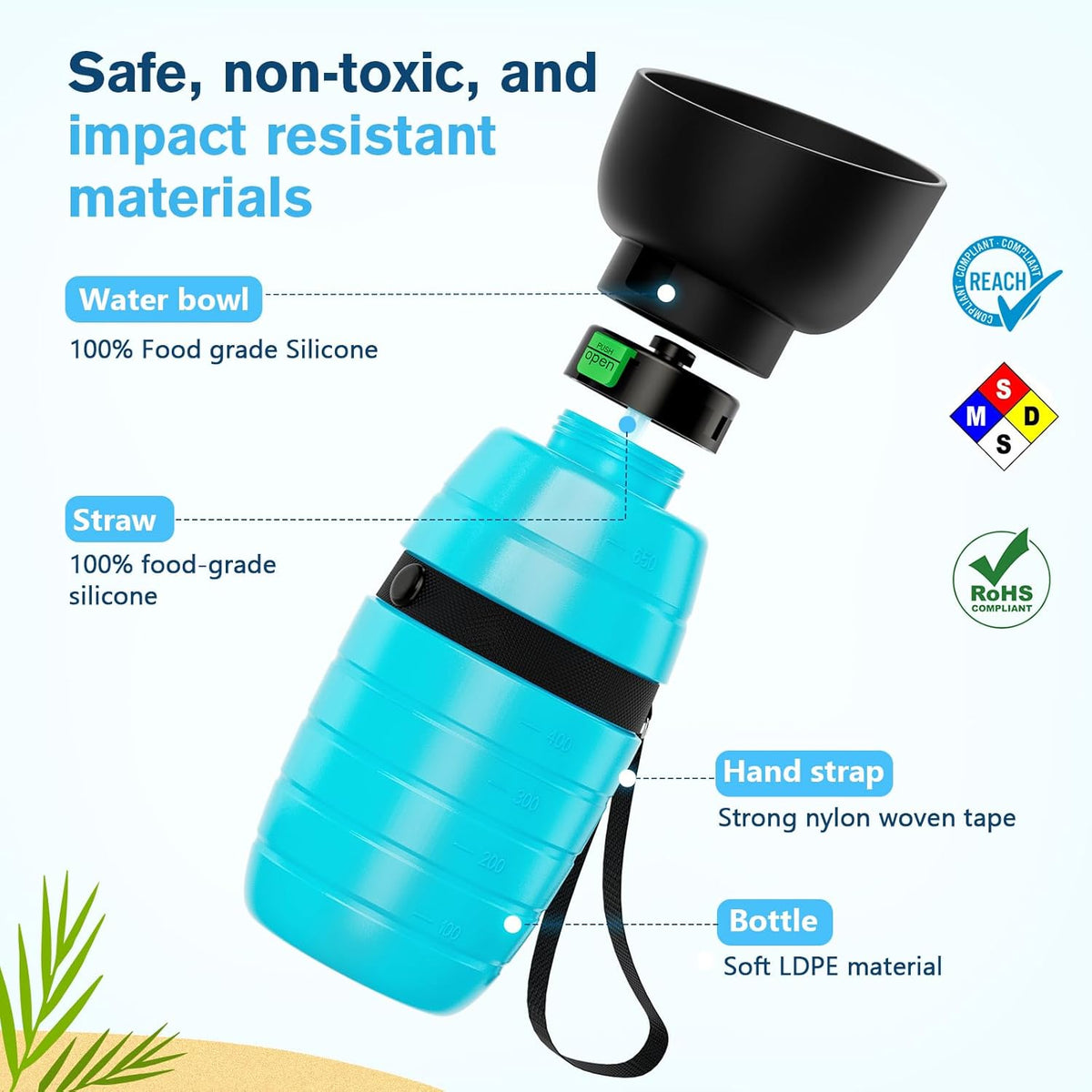 Close-up of the one-button open and lock mechanism on the Pecute dog water bottle.