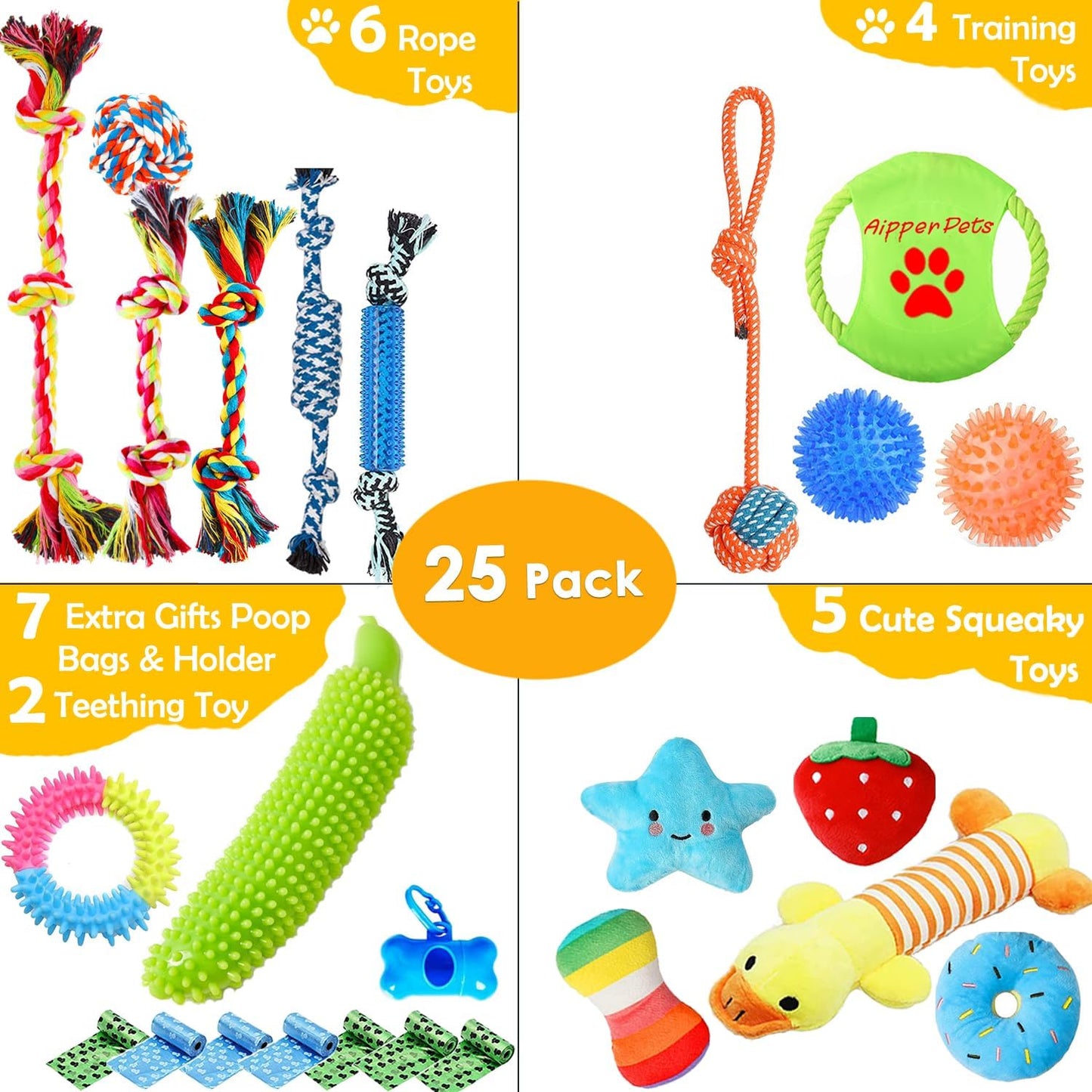 Assorted squeaky plush toys from Aipper puppy bundle
