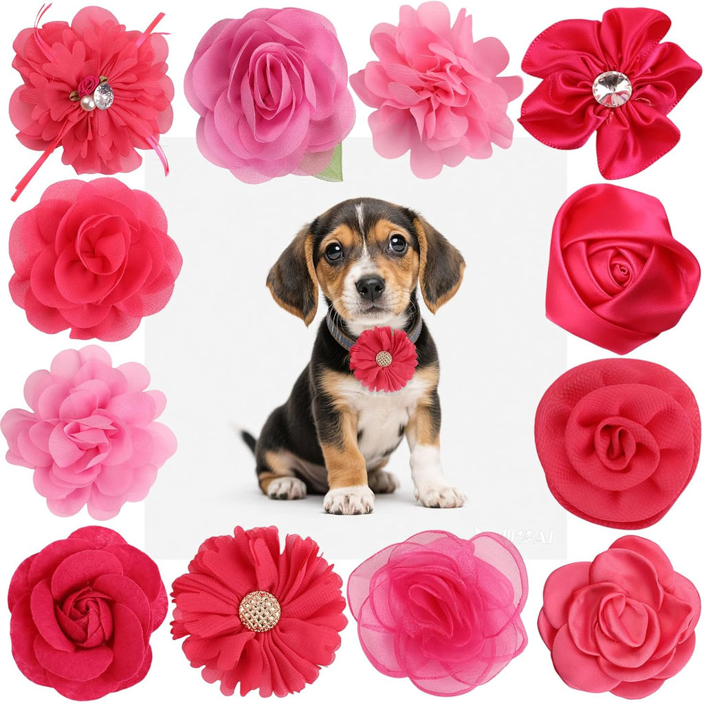 12 Pcs Pink Dog Collar Flowers Cat Collar Flower Attachment Detachable Embellishment with Elastic Rubber Band Soft Chiffon Dog Bow Tie Charms Flower for Female Dogs Wedding Birthday Parties - Image 9