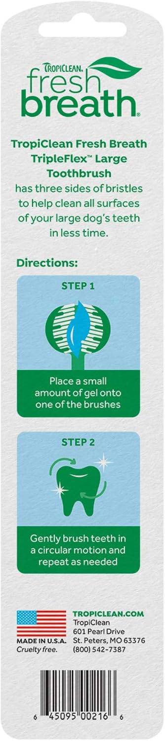 TropiClean 360 degree dog toothbrush packaging displaying usage for large breed canine dental care