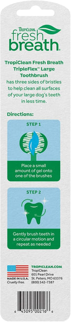 TropiClean 360 degree dog toothbrush packaging displaying usage for large breed canine dental care