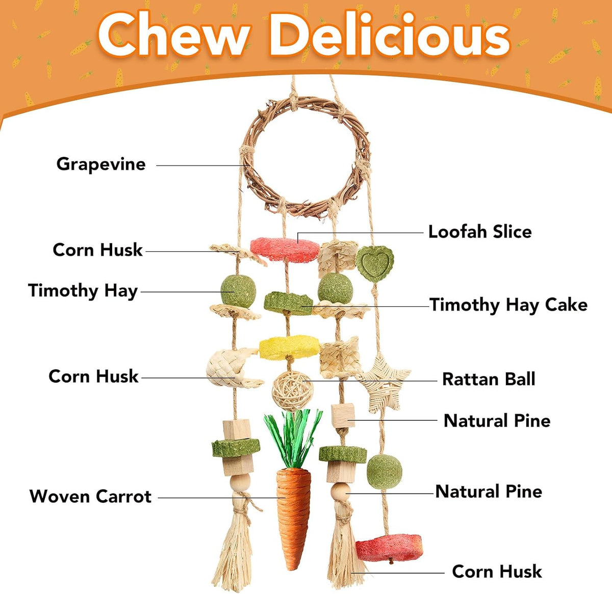 Jorewood small animal chew rings with floral treats inside cage