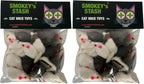 Smokey's Stash cat rattle toys showcasing both white and gray variants.