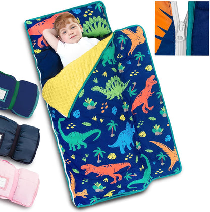 Primlect toddler nap mat front view unrolled showing the dinosaur pattern and attached minky blanket.