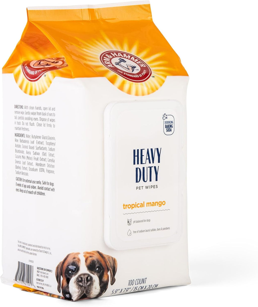 Mango scented dog grooming wipes for wiping dirty paws and coats after walks.