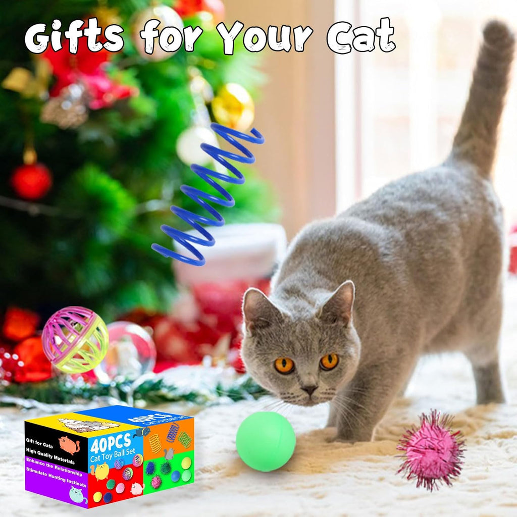 Close up of cat sparkle balls and track balls