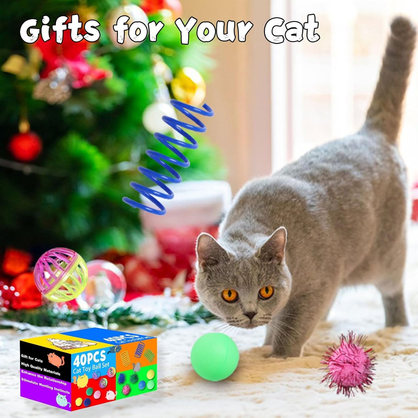 Close up of cat sparkle balls and track balls