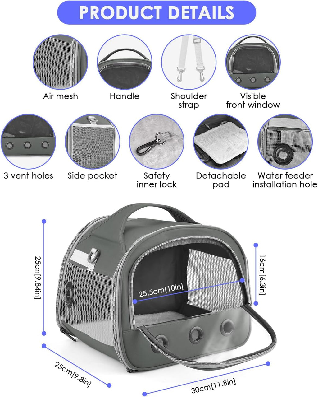 Grey small animal carrier showing breathable mesh side panels