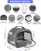 Grey small animal carrier showing breathable mesh side panels