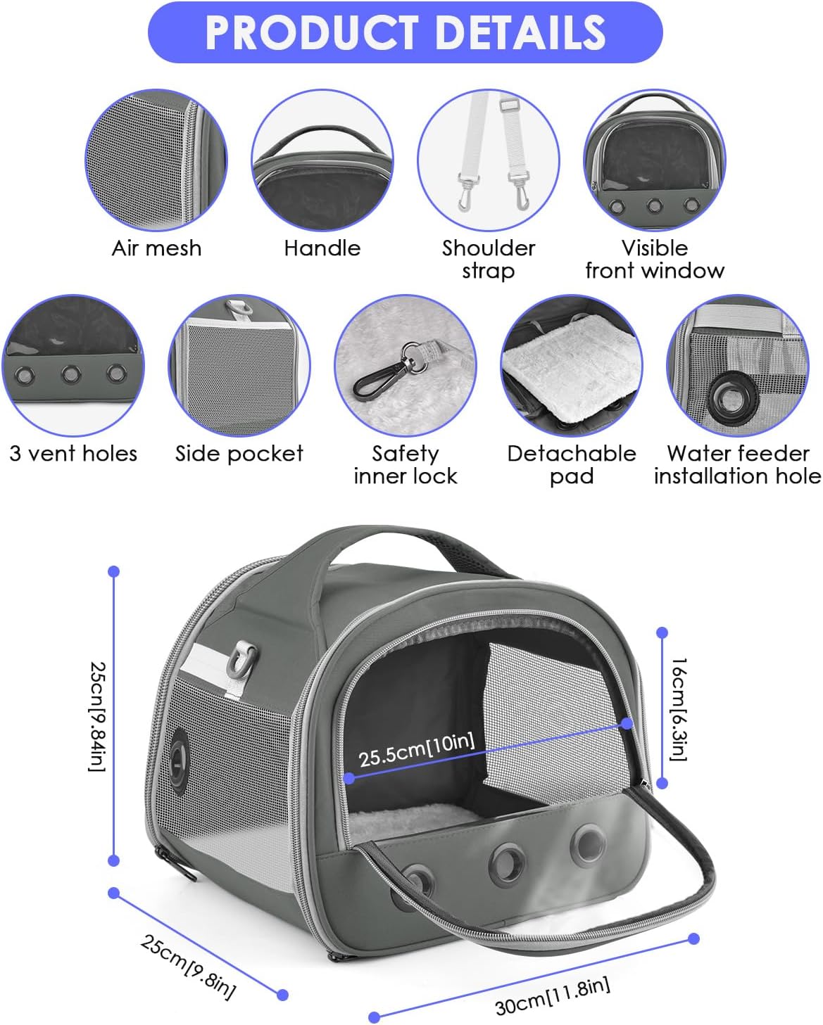 Grey small animal carrier showing breathable mesh side panels
