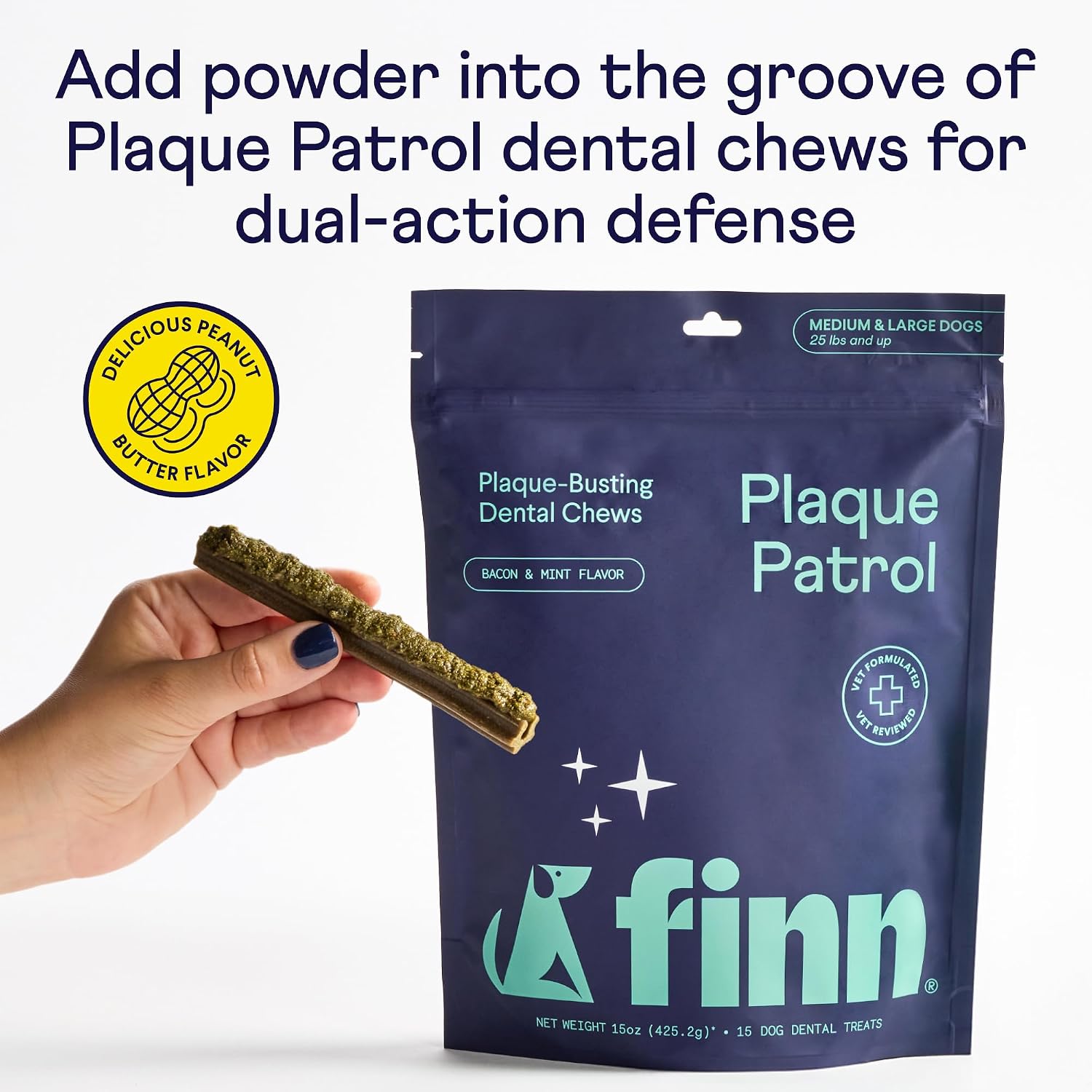 Finn Plaque Patrol daily dog supplement for fresh breath and clean teeth