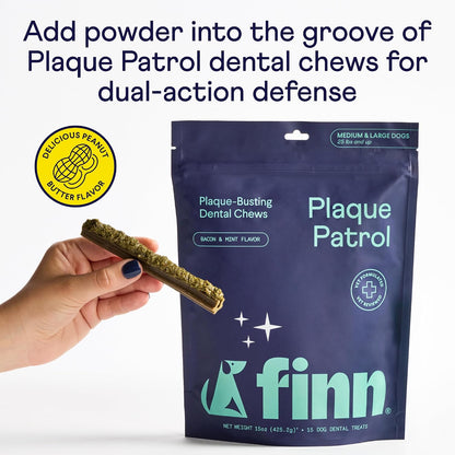 Finn Plaque Patrol daily dog supplement for fresh breath and clean teeth