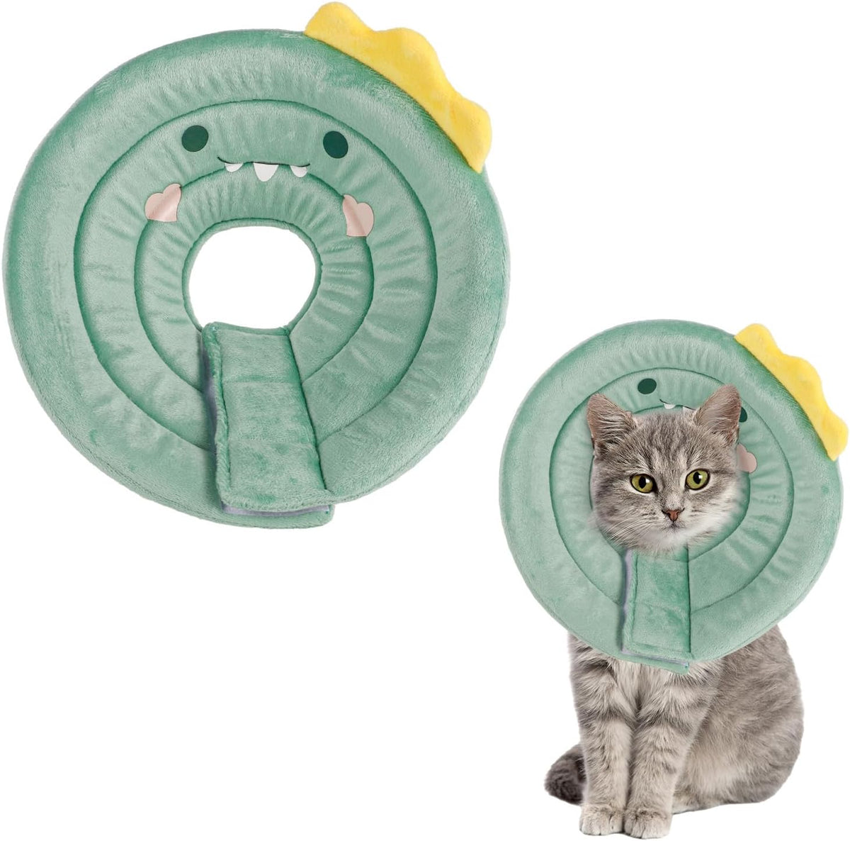 FRIUSATE cat cone collar soft front view showing cute green dinosaur design on a kitten.