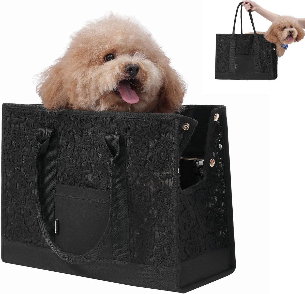 Side view of Caogato lace pet carrier showing U-shaped opening