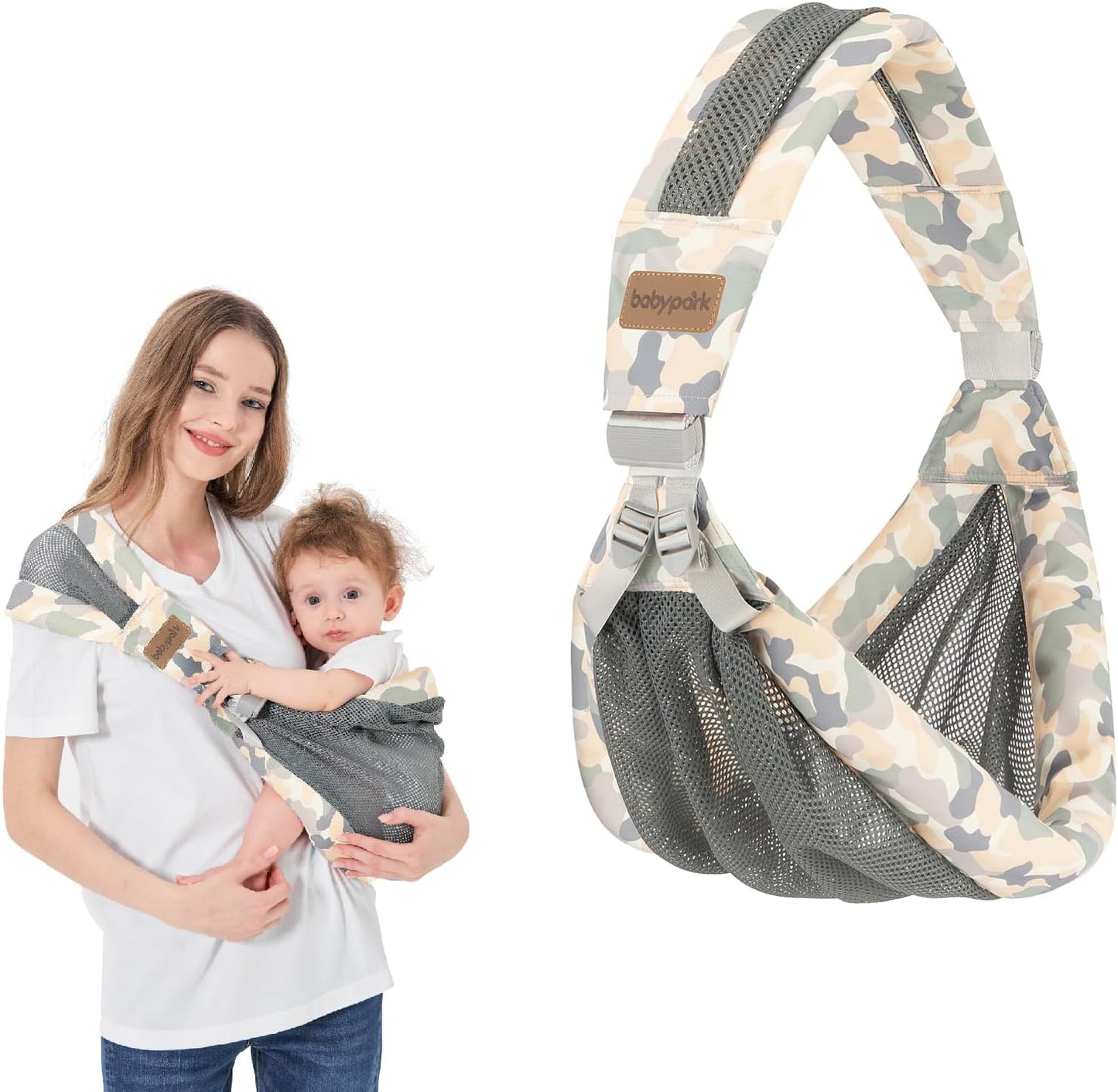 Huifen adjustable one shoulder baby carrier front view in green color showing mesh fabric
