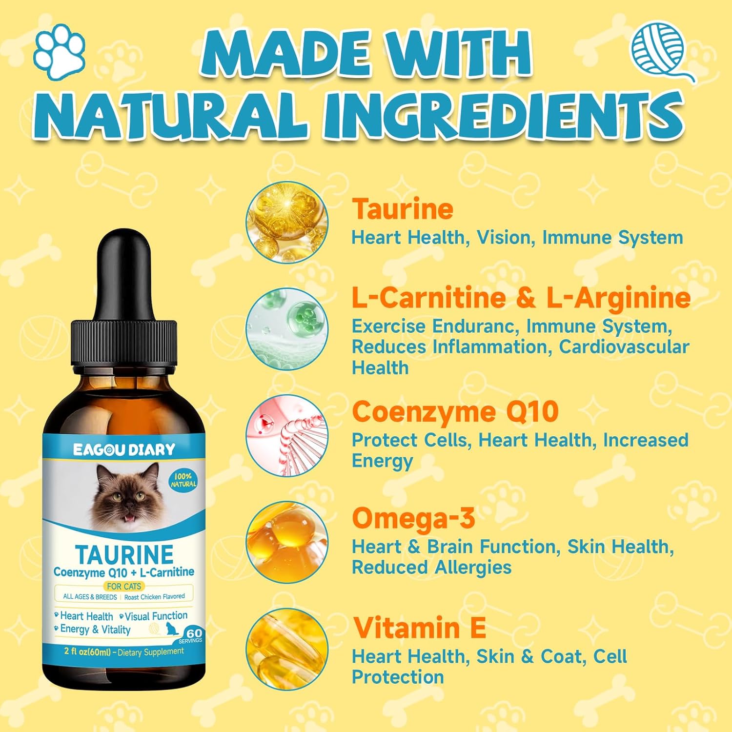 Eagou Diary taurine drops bottle next to a healthy cat for visual scale