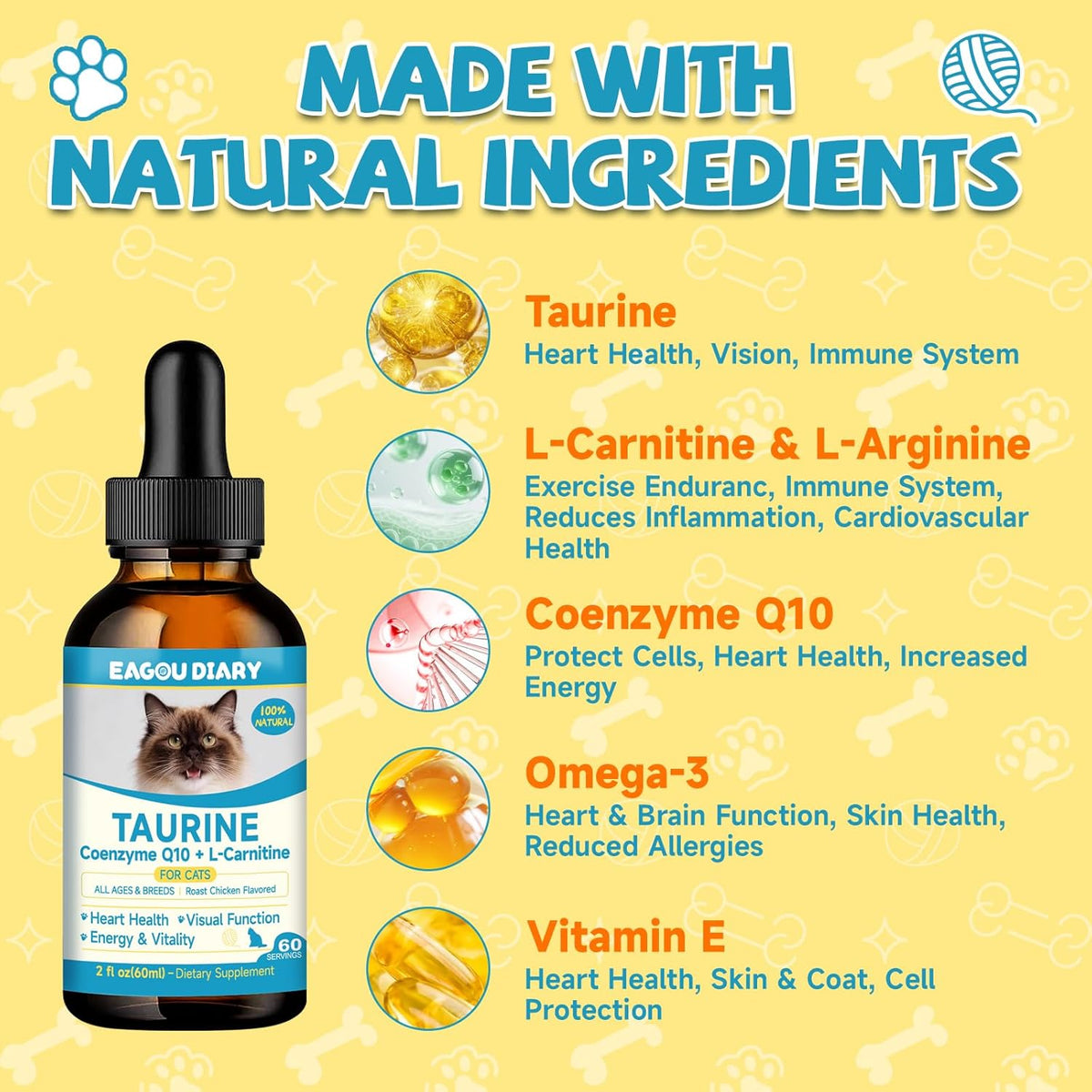 Eagou Diary taurine drops bottle next to a healthy cat for visual scale