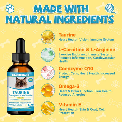 Eagou Diary taurine drops bottle next to a healthy cat for visual scale