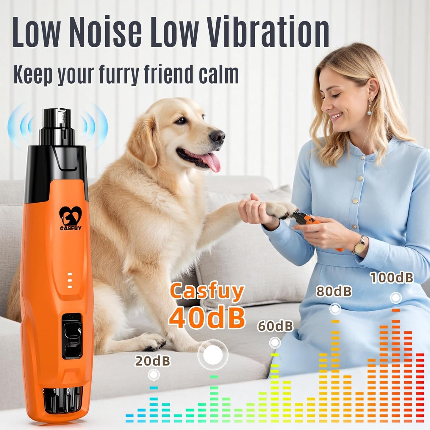 Top view of Casfuy pet nail grooming tool showing speed control buttons
