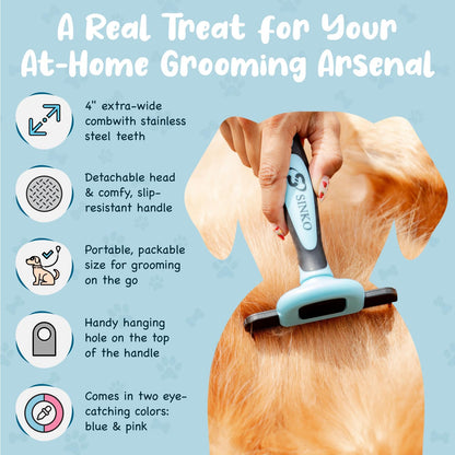 Ergonomic rubber grip handle of the Sinko cat and dog hair brush.