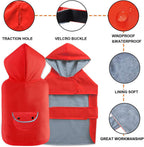 Becnbeau pet rain jacket back view showing the functional hood and leash hole
