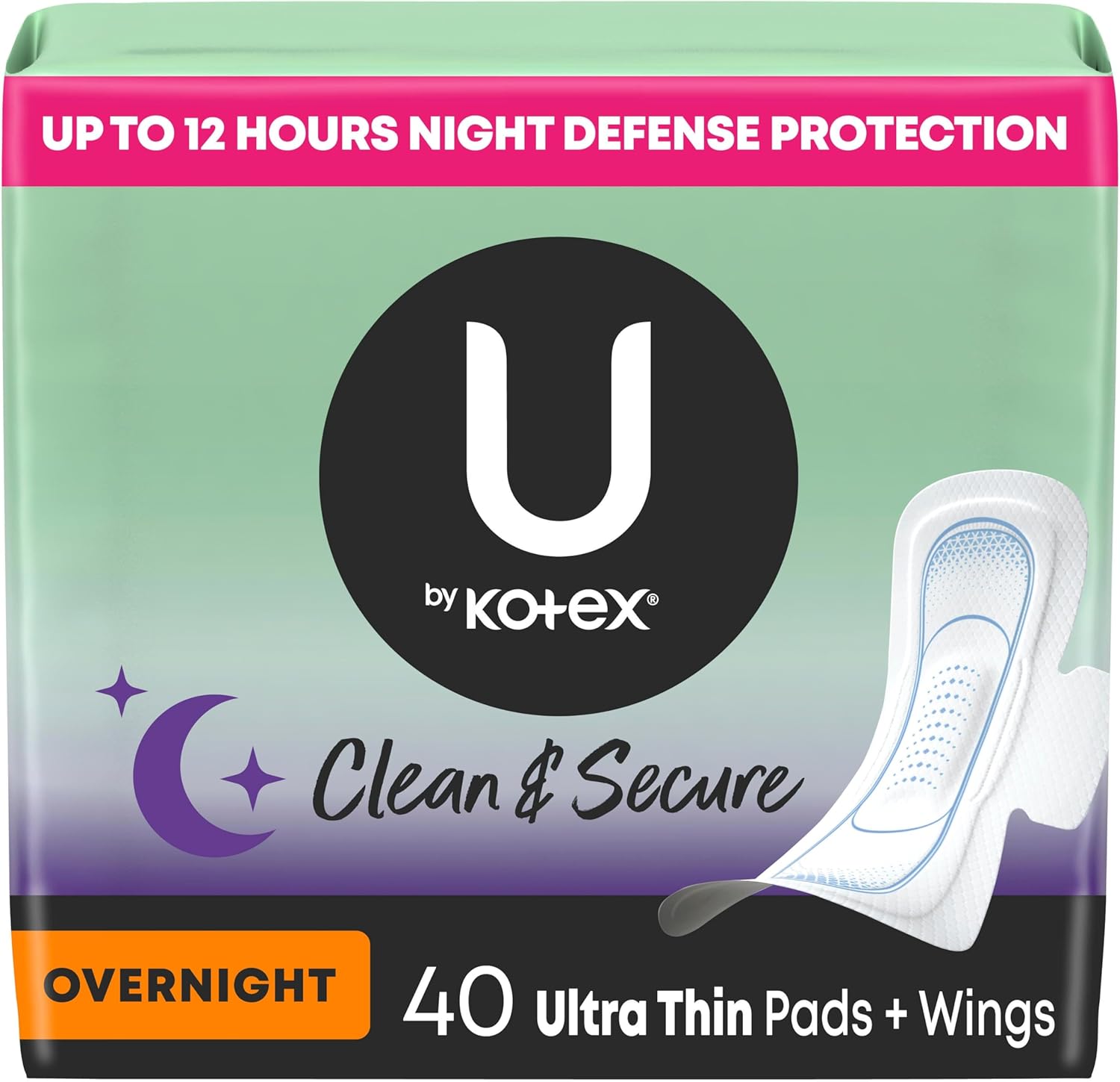 U by Kotex Ultra Thin Overnight Pads 40 Count front packaging view