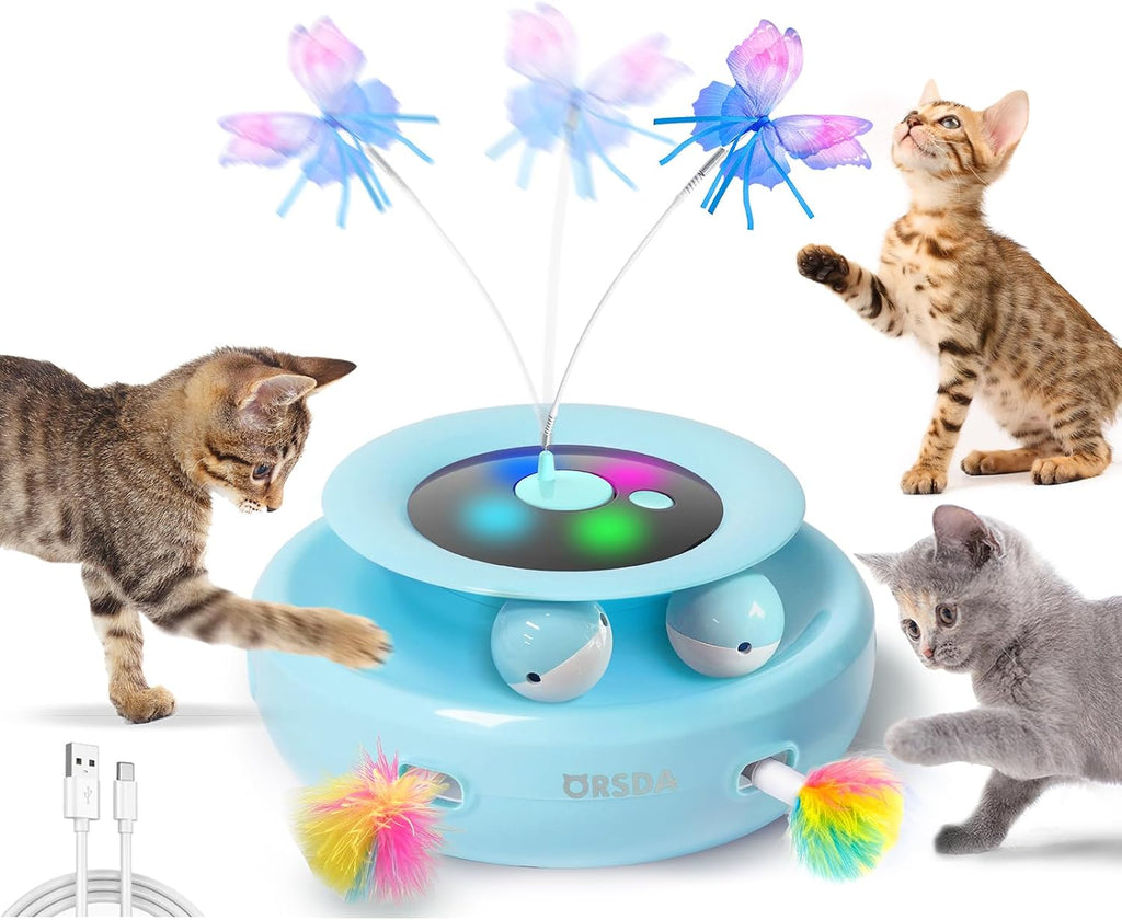 ORSDA rechargeable cat exercise toy with rotating butterfly and interactive ball track