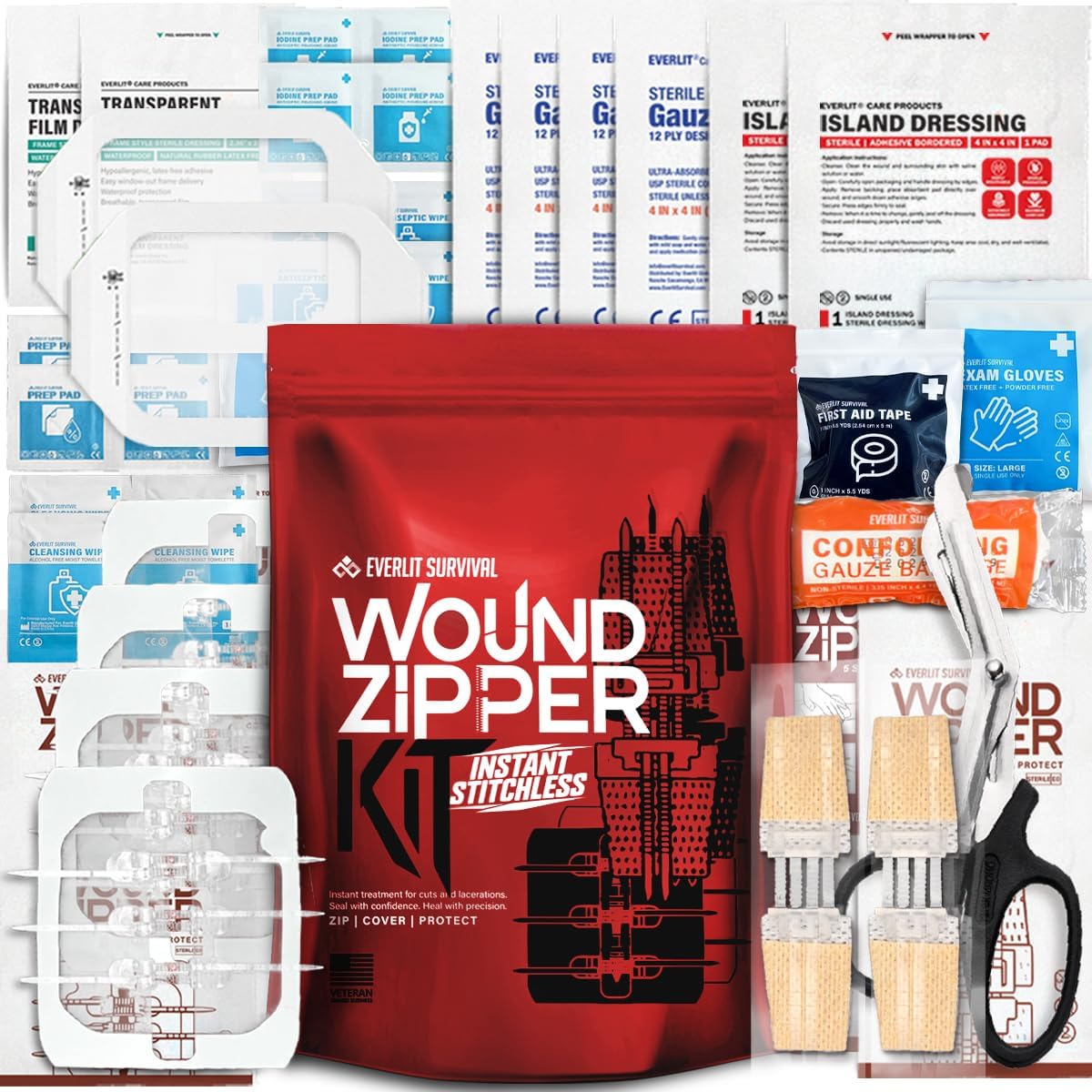 EVERLIT Wound Closure Kit front view showing surgical zip-stitch devices